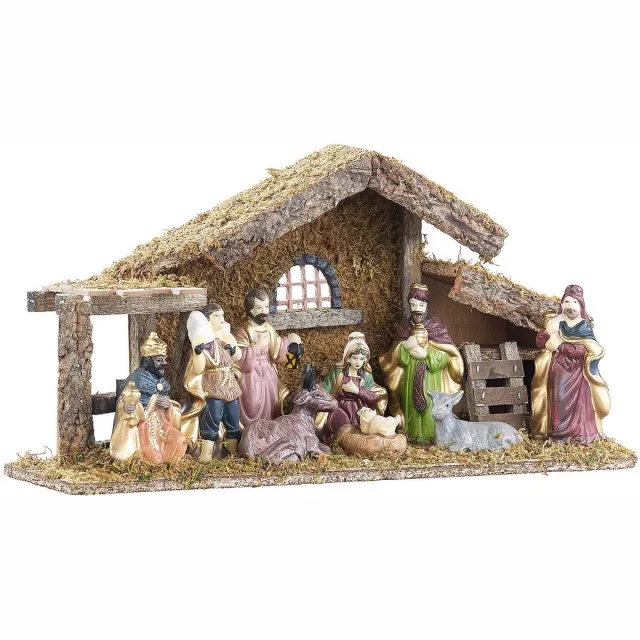 Famanu Houten kerststal met handbeschilderde porseleinen figuren, 10-delig, sfeervolle kerstdecoratie Naturel