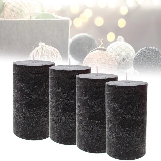 Famanu Set van 4 rustieke stompkaarsen in zwart, grote kaarsen van 12 cm met lange brandduur van ca. 54 uur, perfect voor kerst en advent