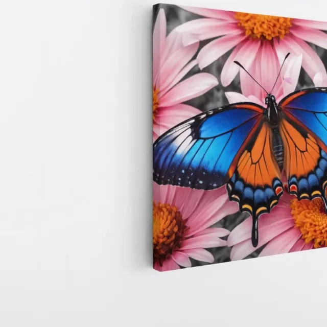 Saammp Canvas Schilderij -Vlinder bij roze bloem - Dieren - Natuur - 20x20 - Foto op canvas - Wanddecoratie - muurdecoratie Woonkamer - Slaapkamer decoratie - Canvas Print Multicolor