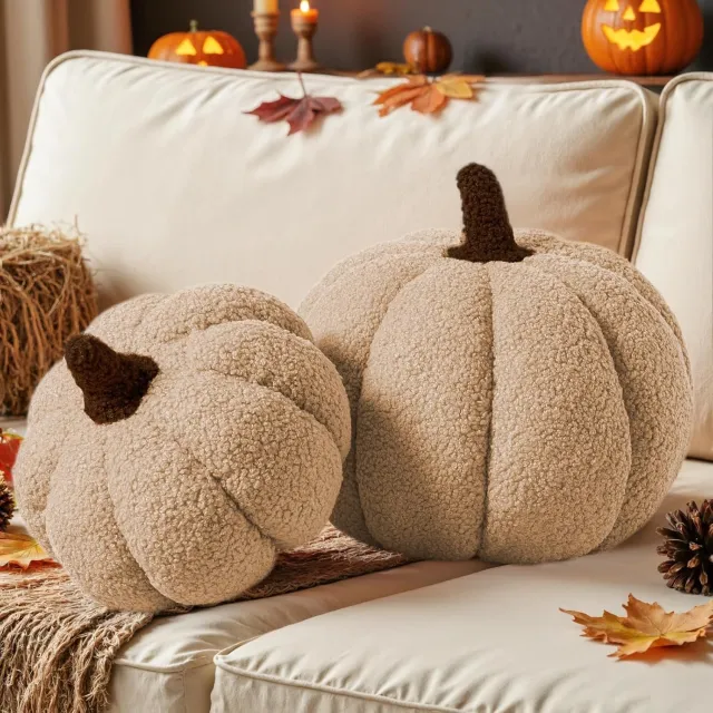 Huttutu Sierkussen - Herfst Pompoen Kussens - 3D Vorm - Zachte Pluche - Voor Bank en Decoraties voor Thanksgiving of Halloween - 23 cm + 30 cm - Beige - 2 stuks