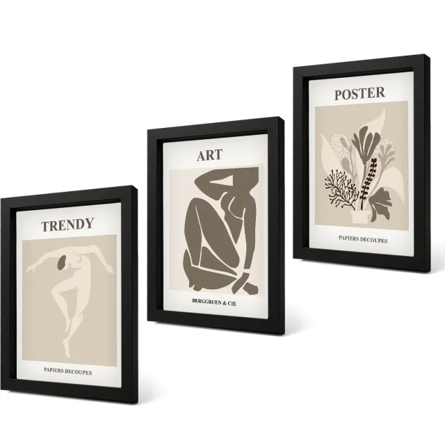 Coloray 4-Delige Schilderij Set - Mensfiguren met planten van Henri Matisse - 20 x 30 cm - Moderne Wanddecoratie - Slaapkamer - Muurdecoratie Zwarte lijst