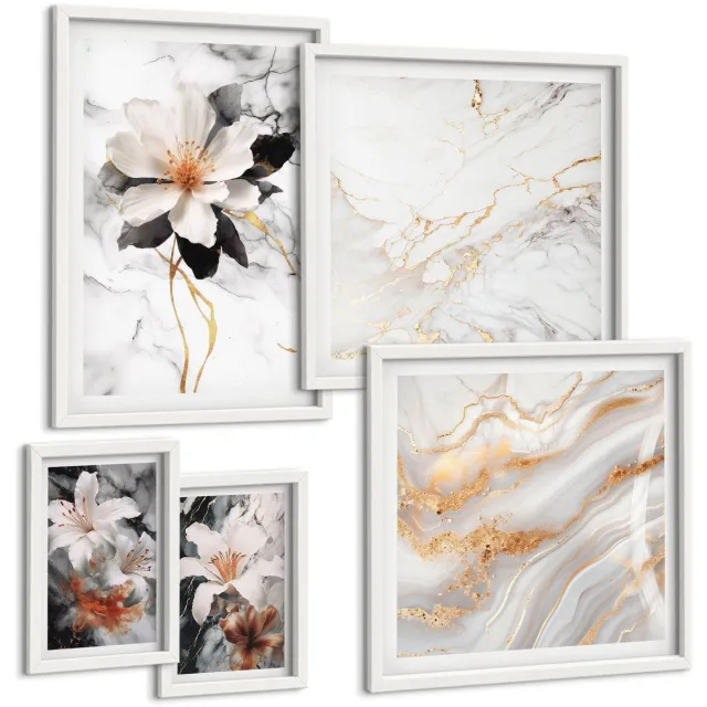 TULUP 4-Delige Schilderij Set - Bloemmotieven op een marmeren achtergrond in een elegante stijl. - 50 x 50 cm, 20 x 30 cm en 40 x 60 cm - Wanddecoratie - Muurdecoratie - Moderne Interieurdecoratie - Woonkamer Decoratie Witte lijst