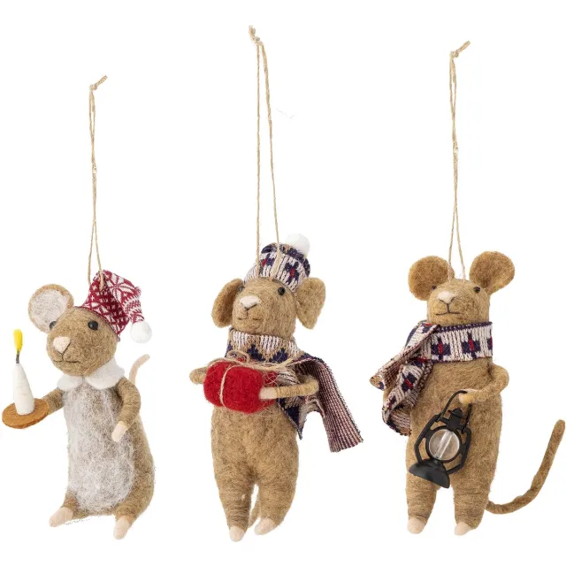 Bloomingville Peo Ornament - Wollen muizen kersthangers - set van 3 bruin