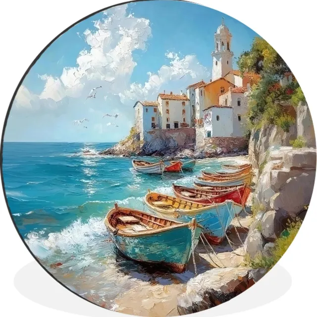 WallCircle Wandcirkel - Muurcirkel - Boten - Rotsen - Zee - Zon - Aluminium - Dibond - 30x30 cm - Binnen en Buiten Boten - Zee - Rotsen