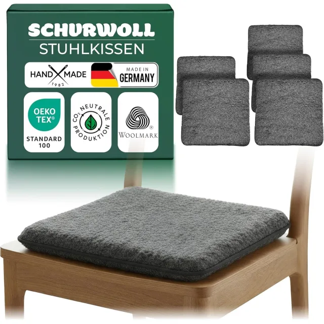 Novaliv 6-delige set zitkussens, puur wol, dubbelzijdig, 38 x 38 cm, antraciet, omkeerbaar, natuurlijke wol, temperatuurregulerend en ademend, robuust, bankkussen voor de eetkamer, onderhoudsvriendelijk, handgemaakt in Duitsland