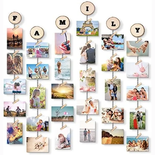PromoHome Hangende Fotolijst Set - Creatieve Fotodisplay met 30 Houten Clips en 6 Lijnen - DIY Fotocollage met Alfabet en Cijfer Stickers - Wanddecoratie voor Foto's, Kaarten en Herinneringen Bruin