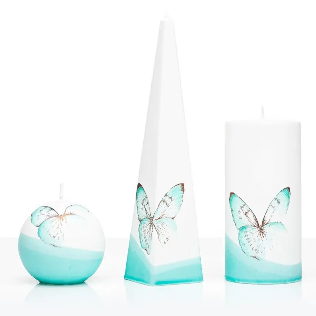 Jakelis Kaarsen - Set - Handgeschilderd - Vlinder - Turqoise - 3 kaarsen Wit