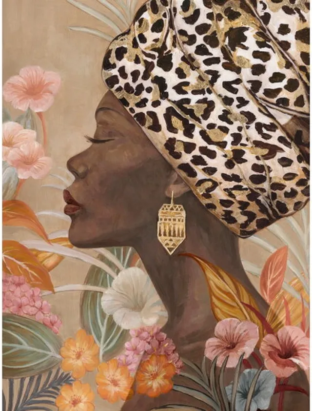 Meubelplaats Schilderij Beauty with African Headdress - Acrylic painting Naturel