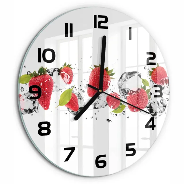 TULUP Wandklok - Aardbeien en water Wandklok Glas Decoratie - fi30 cm - Rood Gekleurde Glazen Klok - Zwarte handen - Ronde Klok - Klok Glas Met Opdruk - Moderne Wandklok Glas