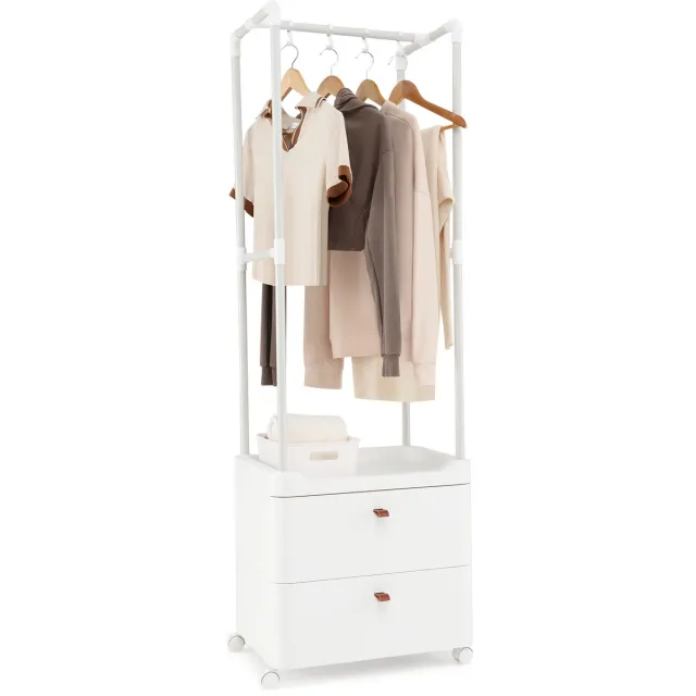 Costway Kledingrek met 2 laden, kapstok wit met vergrendelbare wielen, mantelhouder met kledingstang, legplanken en 4 afneembare haken voor hal, slaapkamer, 52 x 40 x 161 cm