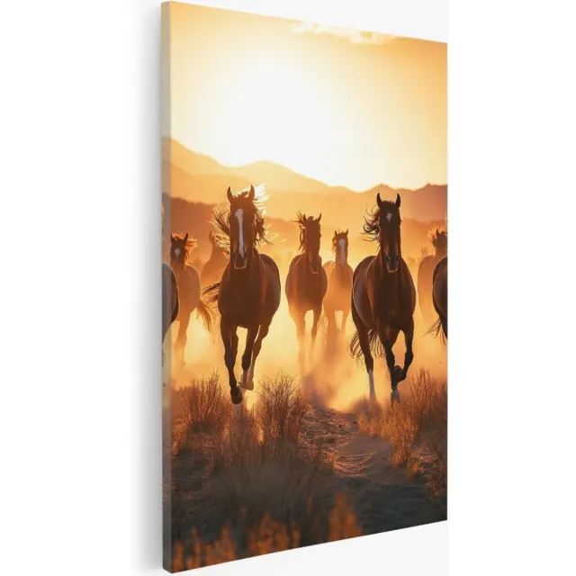 Saammp Canvas Schilderij - Groep Paarden in zonsondergang - Dieren - Natuur - 80x120 - Foto op canvas - Wanddecoratie - Muurdecoratie Woonkamer - Slaapkamer decoratie - Canvas Print Multicolor