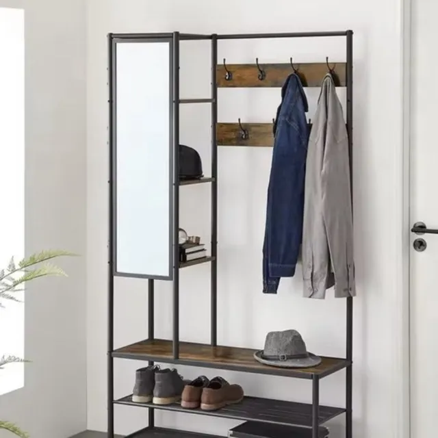 Grokos Kapstok - Kapstok met Schoenenrek - Spiegel - Kledingrek - Garderobekast - Planken - 7 Haken - 182x98 cm - Schoenen rek - Hout en metaal - Industrieel - Bruin/Zwart Zwart metalen frame met bruine planken.