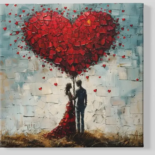 Trendex Global Vierkant Canvas Schilderij - Liefdevolle Kunst met Groot Hart - Modern & Warm - 60x60x2 cm Rood