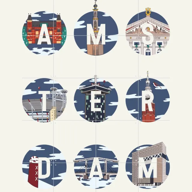 IXXI Amsterdam Icons, Art Studio Jet & Kunst in Kaart - 80 x 100 cm - Grote wanddecoratie en posters - Speels, Typografie, Grafisch Ontwerp Blauw / Wit / Lichte tinten