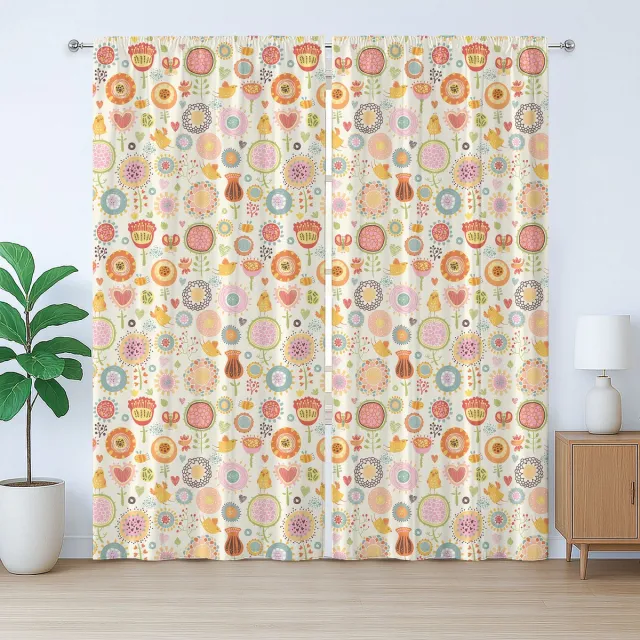 ABAKUHAUS Rustiek bloemengordijn, bijen, vogels, vlinders, slaapkamergordijn met plooiband, lussen en haken, 280 x 225 cm, oranje meerkleurig