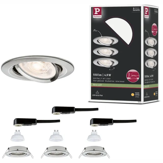 Paulmann LED-inbouwlamp Nova GU10 Flat draaibaar 3x4,9W 3x550lm 230V 2700K Staal geborsteld