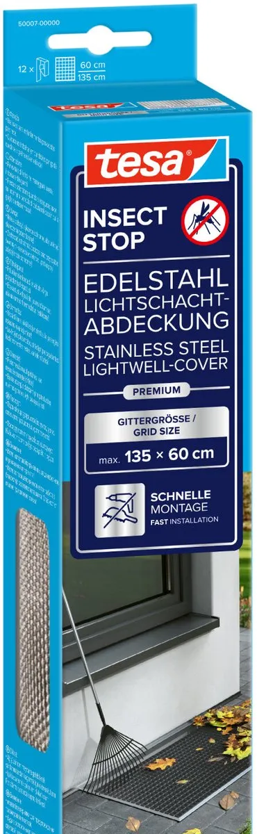 Tesa INSECT STOP Stainless Steel Lightwell-Cover Premium - bescherming tegen insecten en vuil voor kelderramen, weerbestendig - 135 x 60 cm grijs