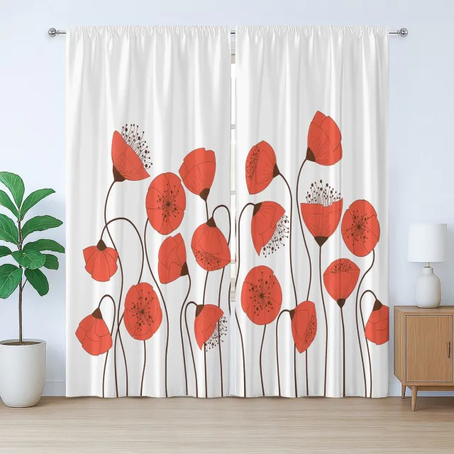 ABAKUHAUS Natuurlijk rustiek gordijn, zomerse klaprozen, slaapkamergordijn met plooien, lussen en haken, 280 x 225 cm, Vermiljoen en Parelmoer