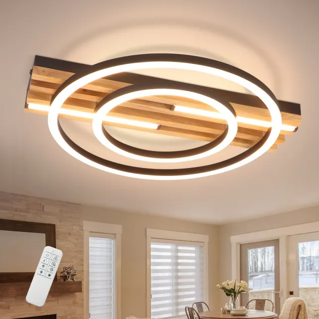 NETTLIFE LED Plafondlamp Hout 38cm 34W dimbaar 2 Ringen 3 Ringen Rond Design voor Keuken Woonkamer Gang Kantoor Eetkamer houtkleur