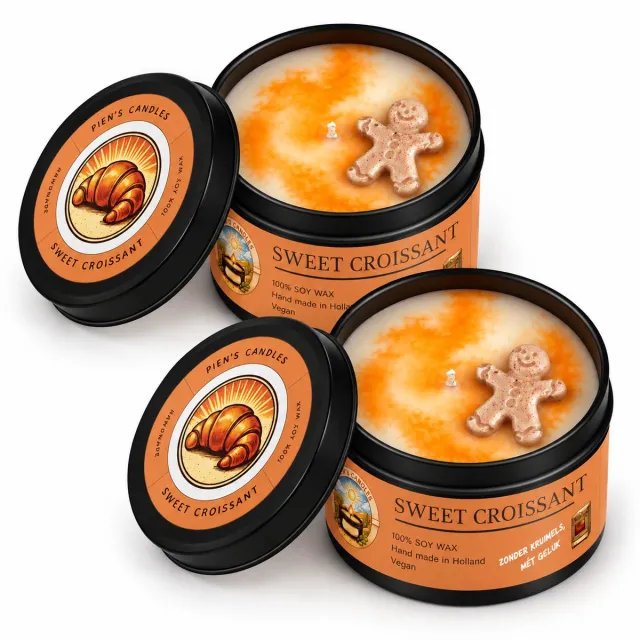 Pien's Candles Geurkaars Sweet Croissant, cadeau voor sinterklaas, kerst, verjaardag, verassing, croissantgeur, gezellig, warm, liefdevol, romantisch Bruin