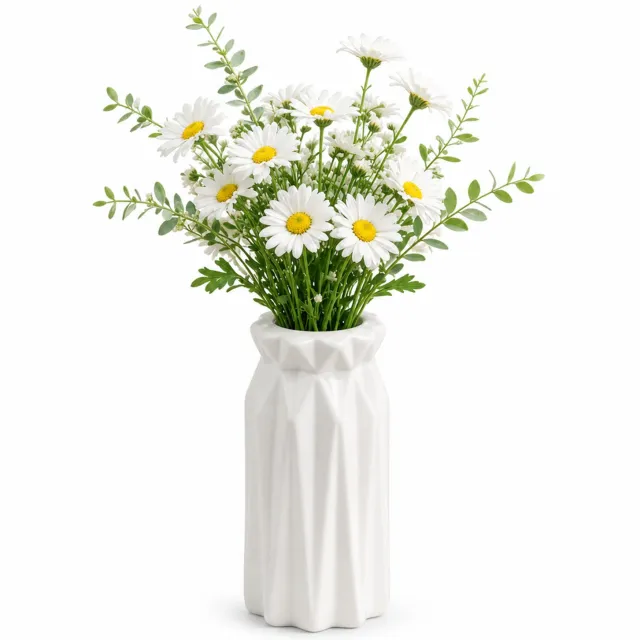 SWGOTA Witte kunststof vaas voor droogbloemen met driehoekreliëf en verticale plooien - 8,5 x 8,5 x 17,5 cm - Voor eettafel en hal - OPP-verpakking