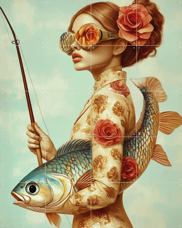 IXXI High fishion, Mirjam Duizendstra - 80 x 100 cm - Grote wanddecoratie en posters Woonkamer, Portretten, Vissen, Bloemen Groen / Roze