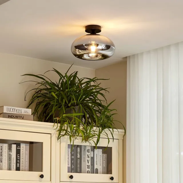 Lindby plafondlamp - 1licht - Metaal, glas - H: 19 cm - E27 - zwart, rookgrijs