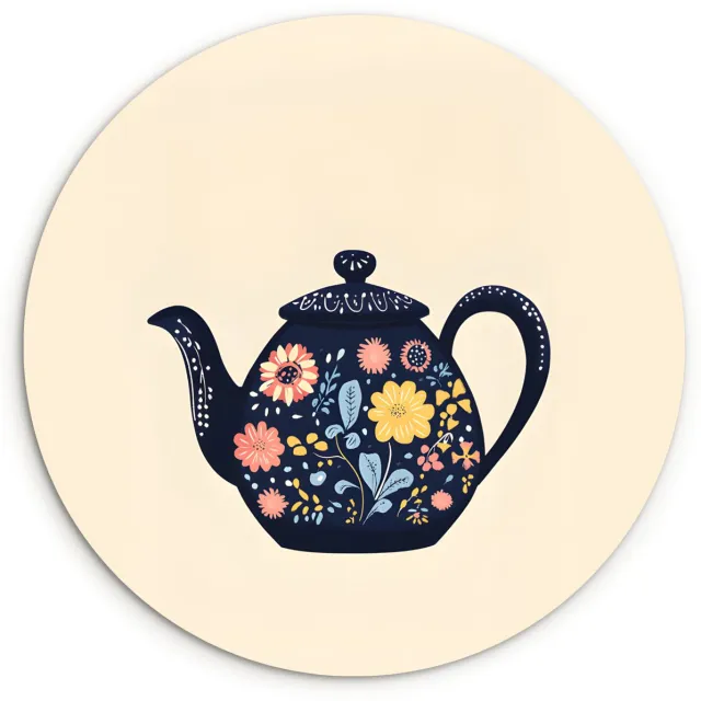 WallCircle Wandcirkel 150x150 cm - Muurcirkel Theepot - Kleurrijk - Bloemen - Muurdecoratie woonkamer - Wanddecoratie slaapkamer - Kamer decoratie accessoires - Ronde schilderijen Theepot - Bloemen