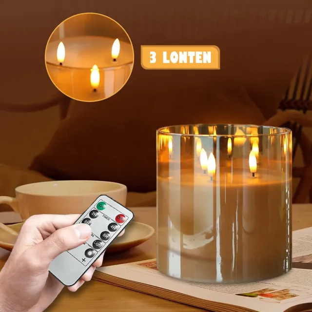 Meisterhome Realistische LED kaars – Flikkerende vlam - 3 lonten - Echte waxkaars – 3x AA batterijen - met afstandsbediening - Timerfunctie – Dimfunctie – Amberkleurig - (ØxH) 15x15 cm Ivory