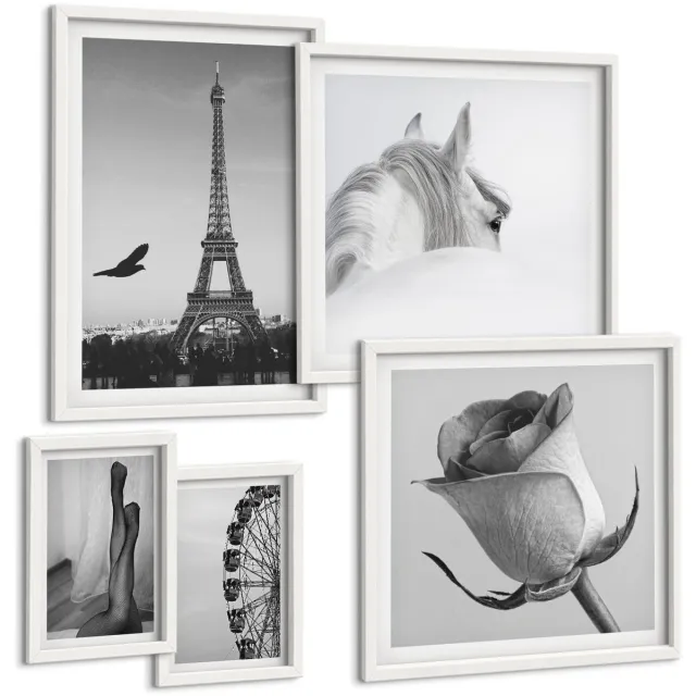 TULUP 4-Delige Schilderij Set - Stijlvolle zwart-witfoto's met Parijs en elegantie. - 50 x 50 cm, 20 x 30 cm en 40 x 60 cm - Muurdecoratie - Wanddecoratie - Hal - Decoratieve Schilderijen Witte lijst