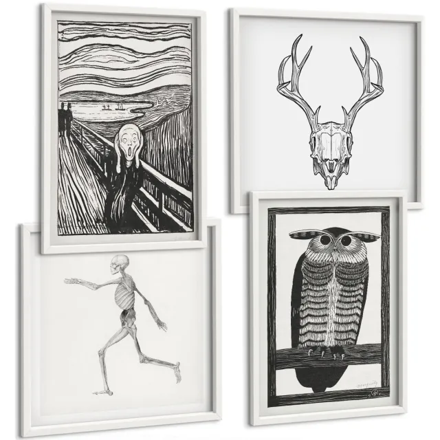 Coloray 4-Delige Schilderij Set - Inspiratiebeeld: Schreeuw Met Schedel En Uil In Grafische Stijl - 40 x 40 En 40 x 60 - Schilderijen Set - Wanddecoratie - Woonkamer - Interieur Decoratie Witte lijst
