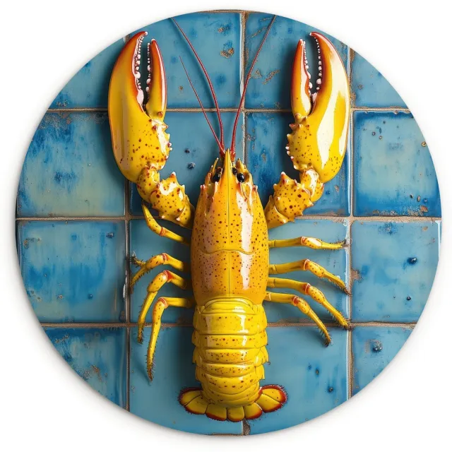 WallCircle Wandcirkel 30x30 cm - Muurcirkel Kreeft - Geel - Blauw - Tegels - Muurdecoratie woonkamer - Wanddecoratie keuken - Kamer decoratie accessoires - Ronde schilderijen