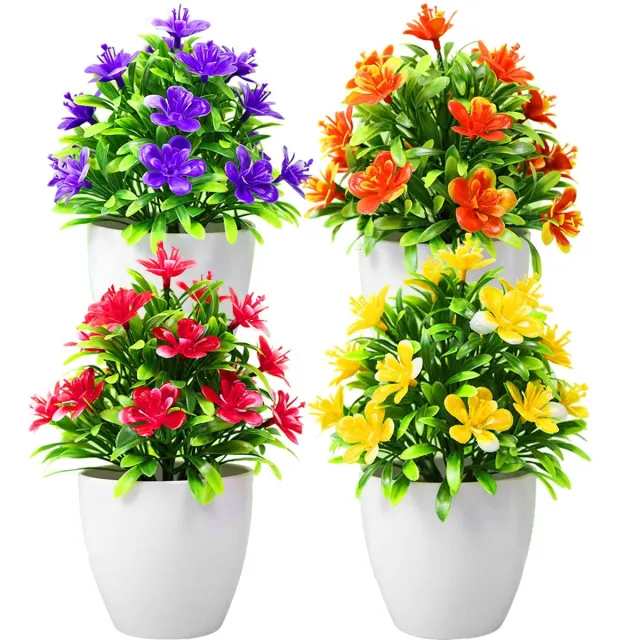 Bwecuy Set van 4 mini-kunstplanten in pot – Kunstbloemen van kunststof, UV-bestendig – Geschikt voor binnen en buiten – Decoratie voor thuis, op kantoor en in cafés 4 stuks