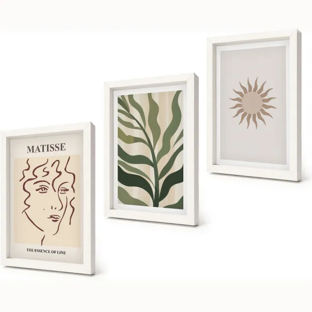 Coloray 3-Delige Schilderij Set - Abstracte plantpatronen en lijnen in gedempte kleuren. - 20x30 - Decoratieve Schilderijen - Wanddecoratie - Hal - Moderne Wanddecoratie Witte lijst