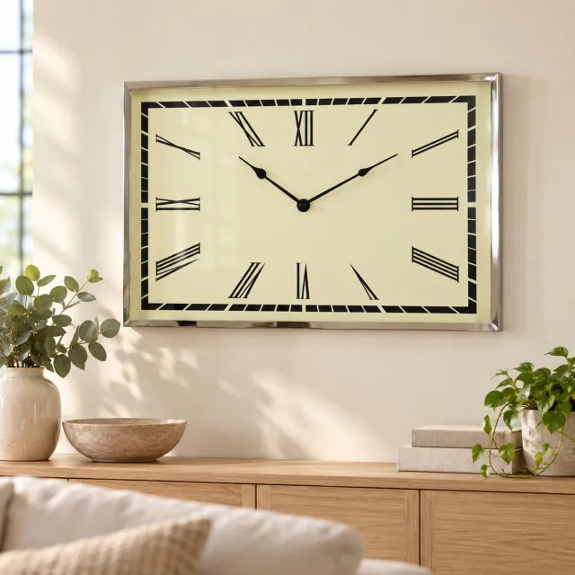 Hoppa! Rechthoekige wandklok met Romeinse cijfers - Crème/Chroom - 5 x 76 x 51 cm (B x D x H)