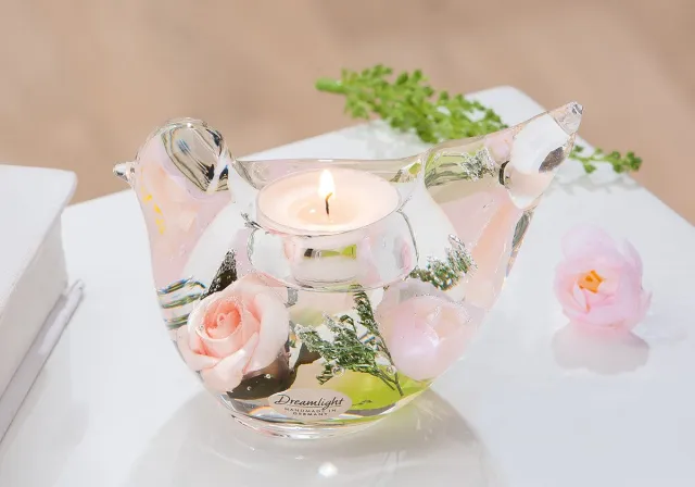 Rawa Geschenken Waxinelichthouder Vogel zalm – Glas met zalm Bloemen – 5x13x7 cm | Luxe Decoratie