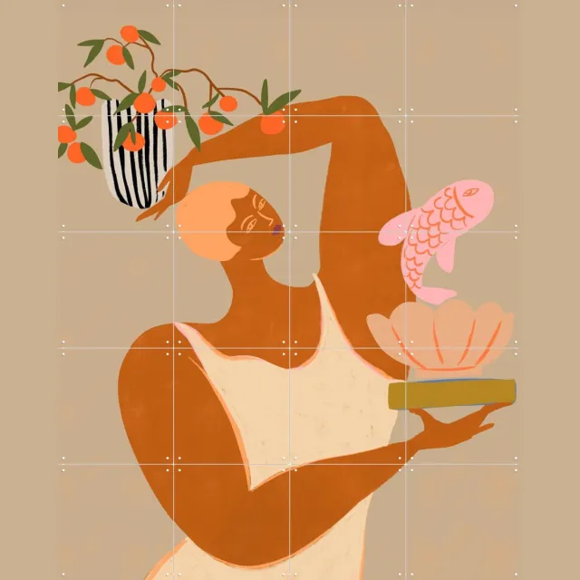 IXXI Fish And Orange, Arty Guava - 80 x 100 cm - Grote wanddecoratie en posters - Kleurrijk, Speels, Illustraties, Grafisch Ontwerp, Woonkamer Bruin