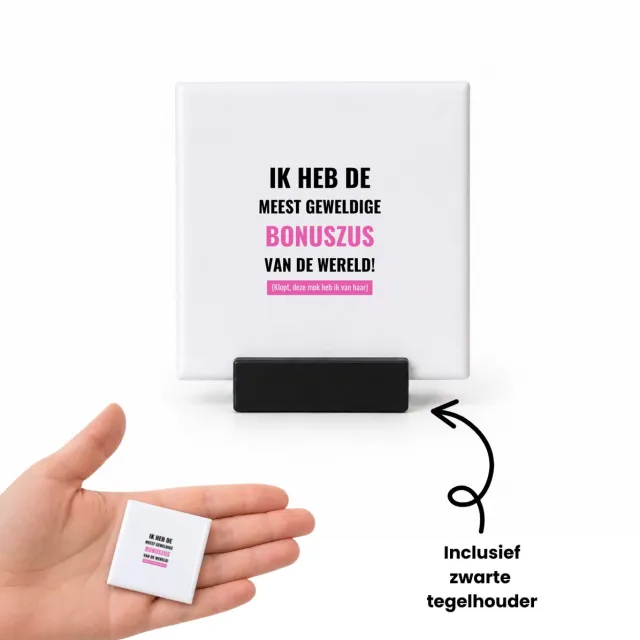 Hacebo ik heb de meest geweldige bonuszus van wereld (klopt, deze mok heb ik van haar) tegeltje met tegelhouder - de meest geweldigste bonuszus - tegeltjes met tekst - verjaardagscadeau - verjaardag - cadeau - spreuktegels - 4.8x4.8 CM Wit