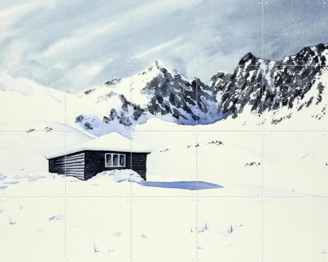 IXXI Wooden Cabin with Snow, Natalie Bruns - 100 x 80 cm - Grote wanddecoratie en posters - Aquarel, Realisme, Slaapkamer, Gang, Woonkamer, Winter Wit / Koele tinten