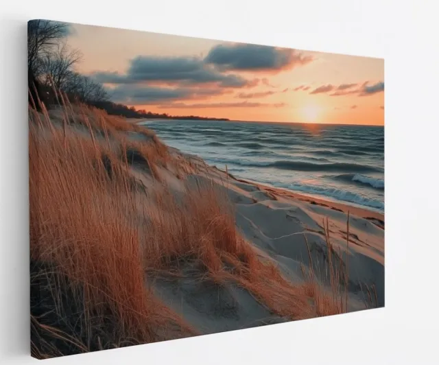 Saammp Canvas Schilderij - Zonsondergang vanuit de duinen - Strand - Zee - 50x40 - Foto op canvas - Wanddecoratie - muurdecoratie Woonkamer - Slaapkamer decoratie - Canvas Print Multicolor