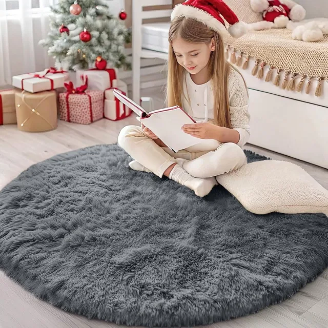 OLANLY Pluche Tapijt - Donkergrijs - Hoge Pluis - Geschikt Voor Woonkamer En Slaapkamer - 122x122 cm - Rond