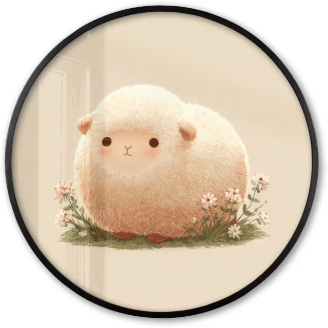 FrameYourWall Poster in lijst Rond - Fotolijst 80x80 cm - Posters - Schaap - Beige - Bloemen - Ronde posterlijst zwart - Decoratie - Wanddecoratie woonkamer - Muurdecoratie slaapkamer