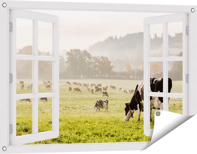 Gards Tuinposter Doorkijk Zwart Witte Koeien in de Wei - 90x60 cm - Tuindoek - Tuindecoratie - Wanddecoratie buiten - Tuinschilderij