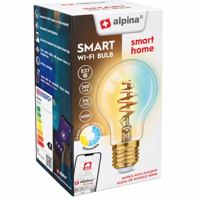 Alpina Smart Home Wifi Lamp - E27 - 5.5W - Slimme Verlichting - LED Lamp - Bulb - App besturing - Voice Control - Google Home - Amazon Alexa