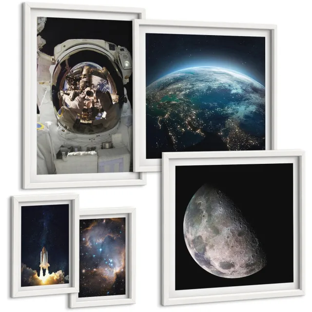 TULUP 4-Delige Schilderij Set - Ruimteverkenning met astronaut en planeten - 50 x 50 cm, 20 x 30 cm en 40 x 60 cm - Decoratieve Schilderijen - Woonkamer - Interieur - Woonkamer Decoratie Witte lijst