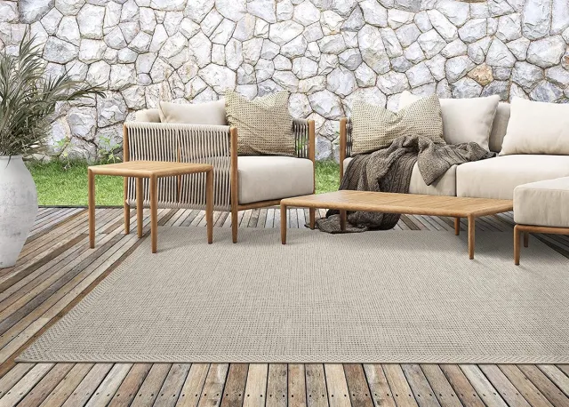 the carpet Calgary - Robuust outdoor tapijt, modern design, weerbestendig en uv-bestendig, voor balkon, terras en serre, ook geschikt voor keuken of eetkamer, beige-grijs, 80 x 150 cm