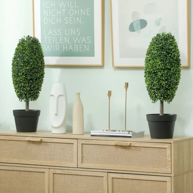 OKWISH 2 Delige Kunstplant - UV Bestendige Kunstboom In Pot - 60 Cm - Kunststof - Groen - Voor Binnen En Buiten - Onderhoudsvrij