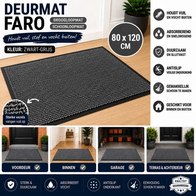 Wicotex Deurmat - Schoonloopmat Faro - Afmeting 80x120cm - Kleur Zwart - Grijs