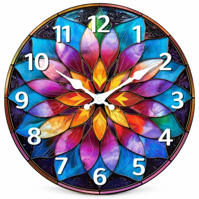 SWGOTA Ronde MDF-wandklok 29,7 cm (12 inch) met kleurrijk bloemvenstermotief, stil quartz-uurwerk en witte cijfers Veelkleurig