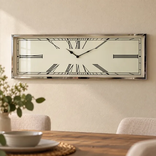 Hoppa! Lange horizontale wandklok met Romeinse cijfers - Crème/Chroom - 5 x 78 x 26 cm (B x D x H)